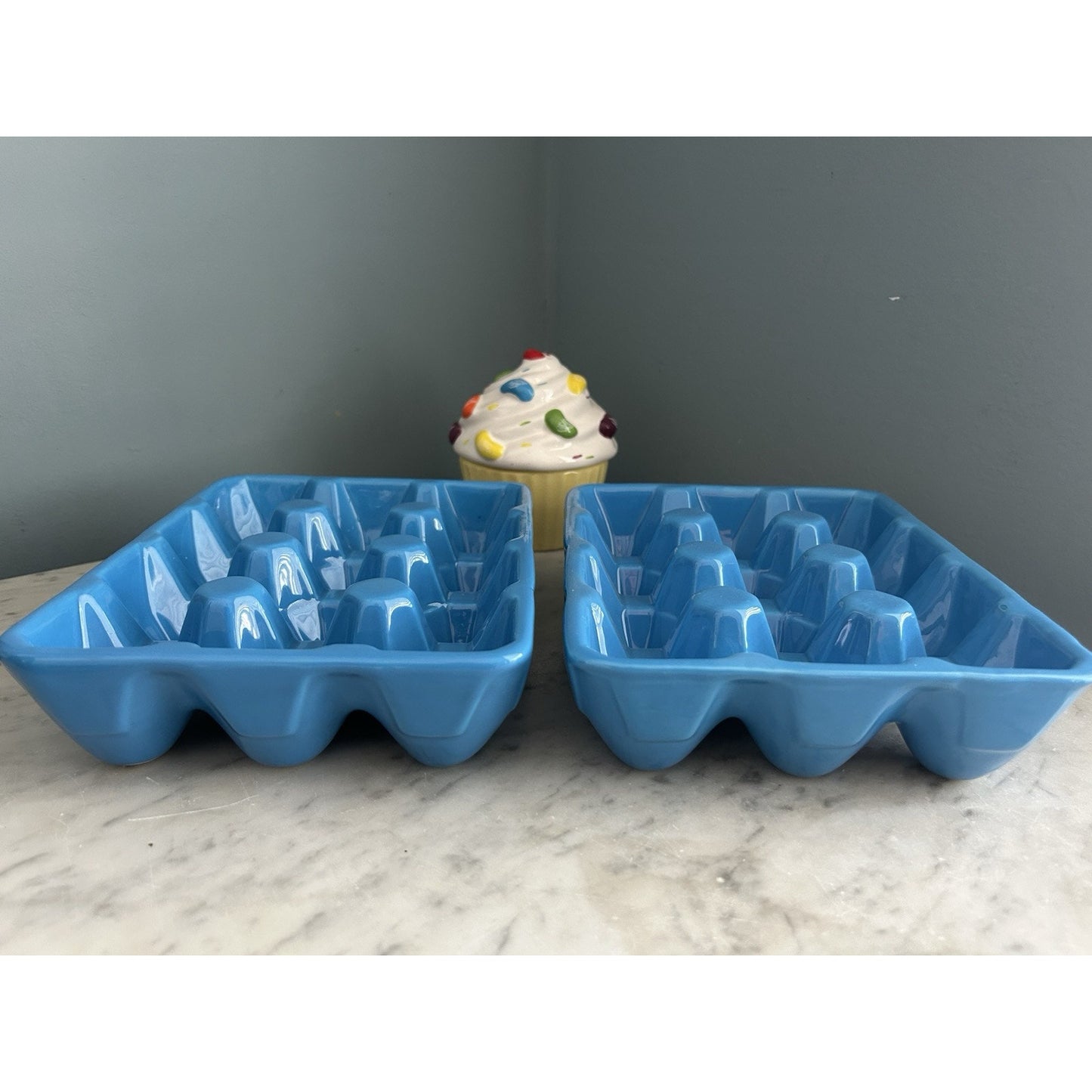 2 Ceramic Blue Egg Crates for Easter Eggs Refrigerator Jelly Belly Cupcake Dish