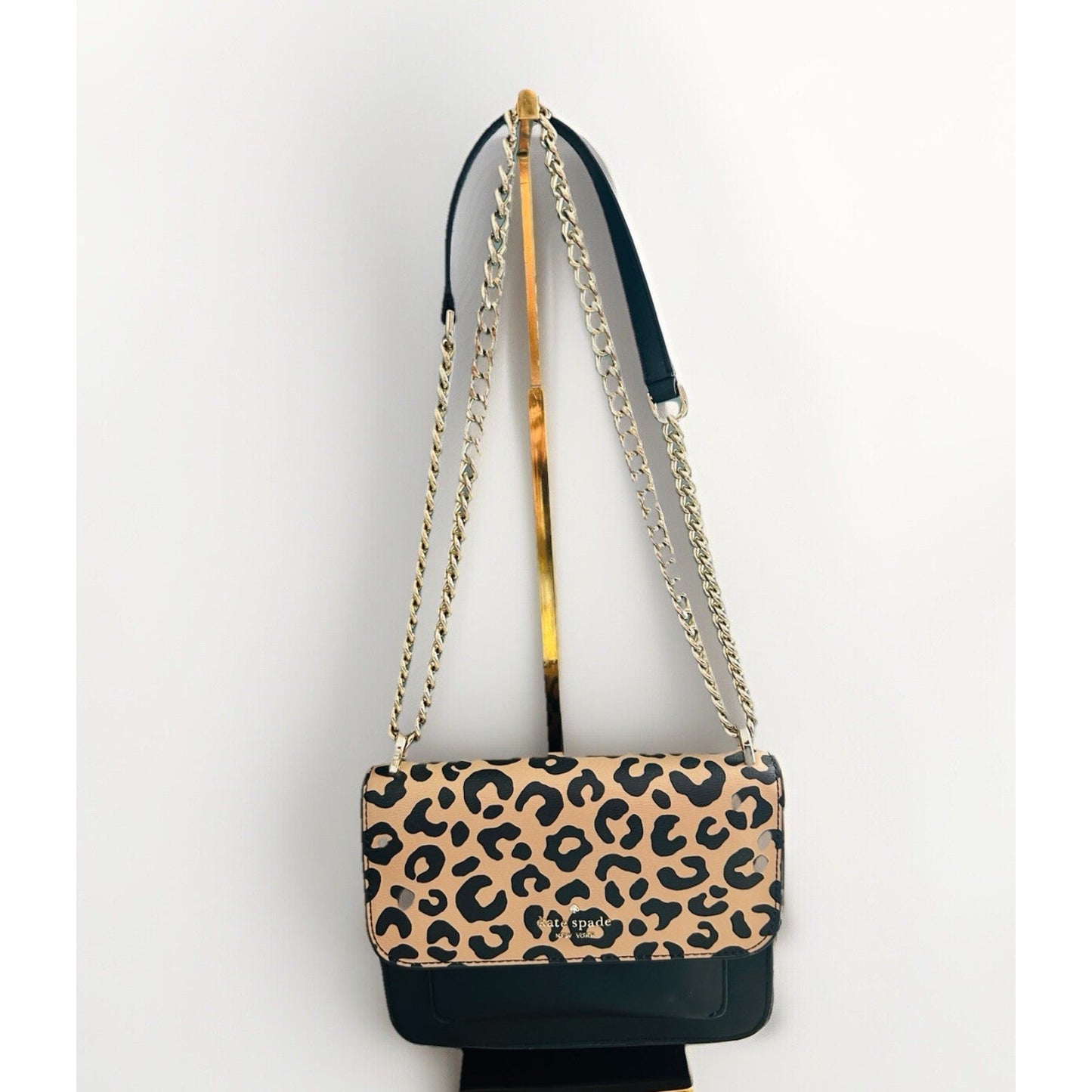 Kate Spade Leopard Print Leather Remi Flap Chain Crossbody Shoulder Bag Black