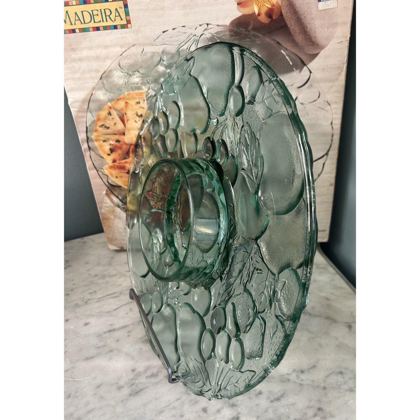 Indiana Glass Chip Dip Tray Madeira Green Raised Fruit Pattern 13” Platter Box
