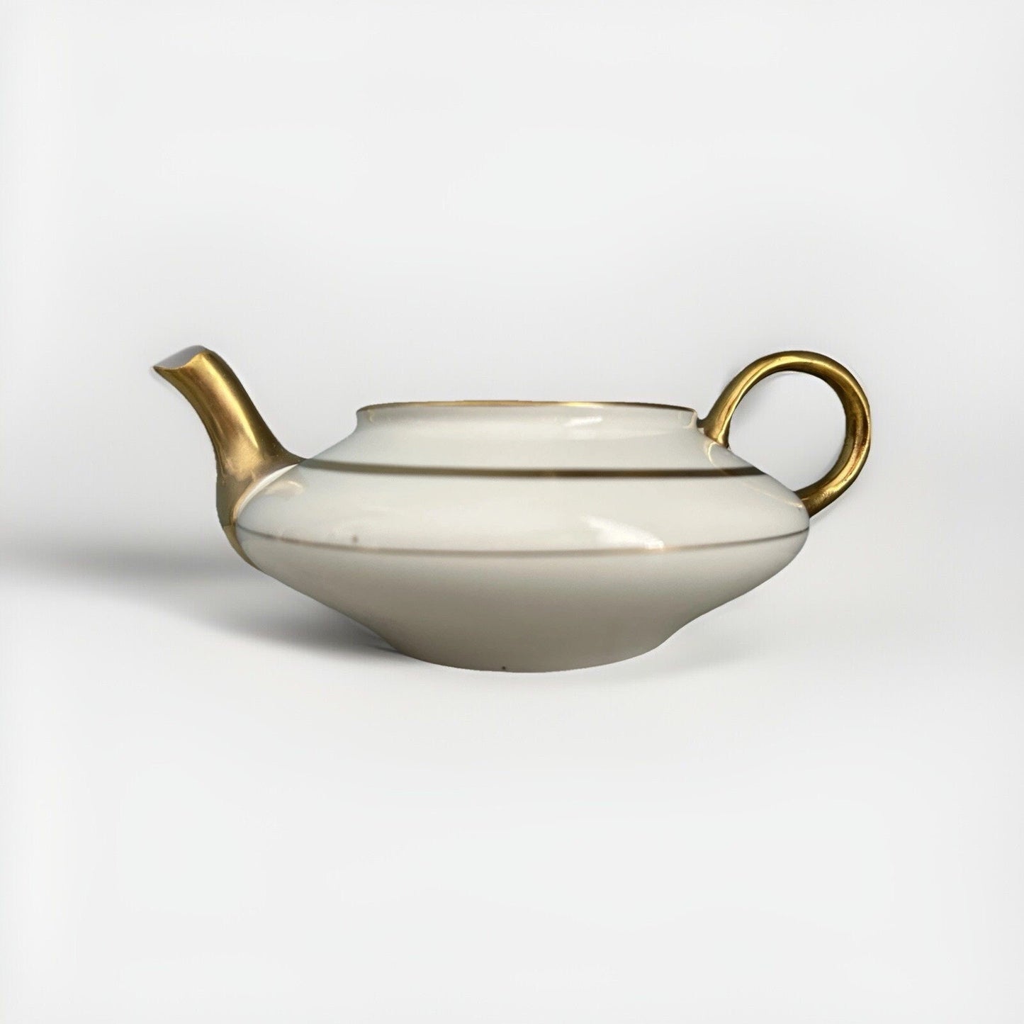 Vintage Pope-Gosser Teapot 1929 White Sepia Gold Trim Fine China F24 Rare Short