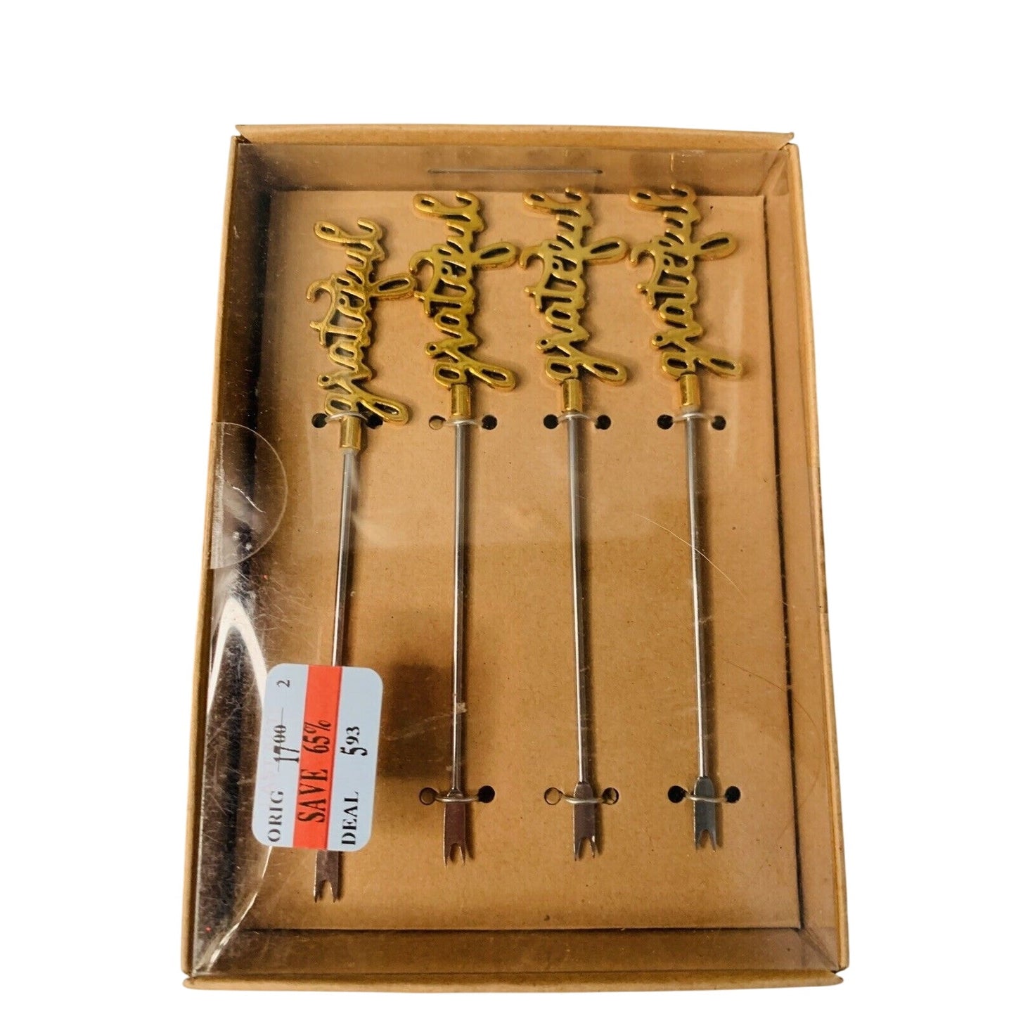 (2) Sets Of 4 Cocktail Picks 2 Prong Metal Gold Grateful Appetizer Forks New