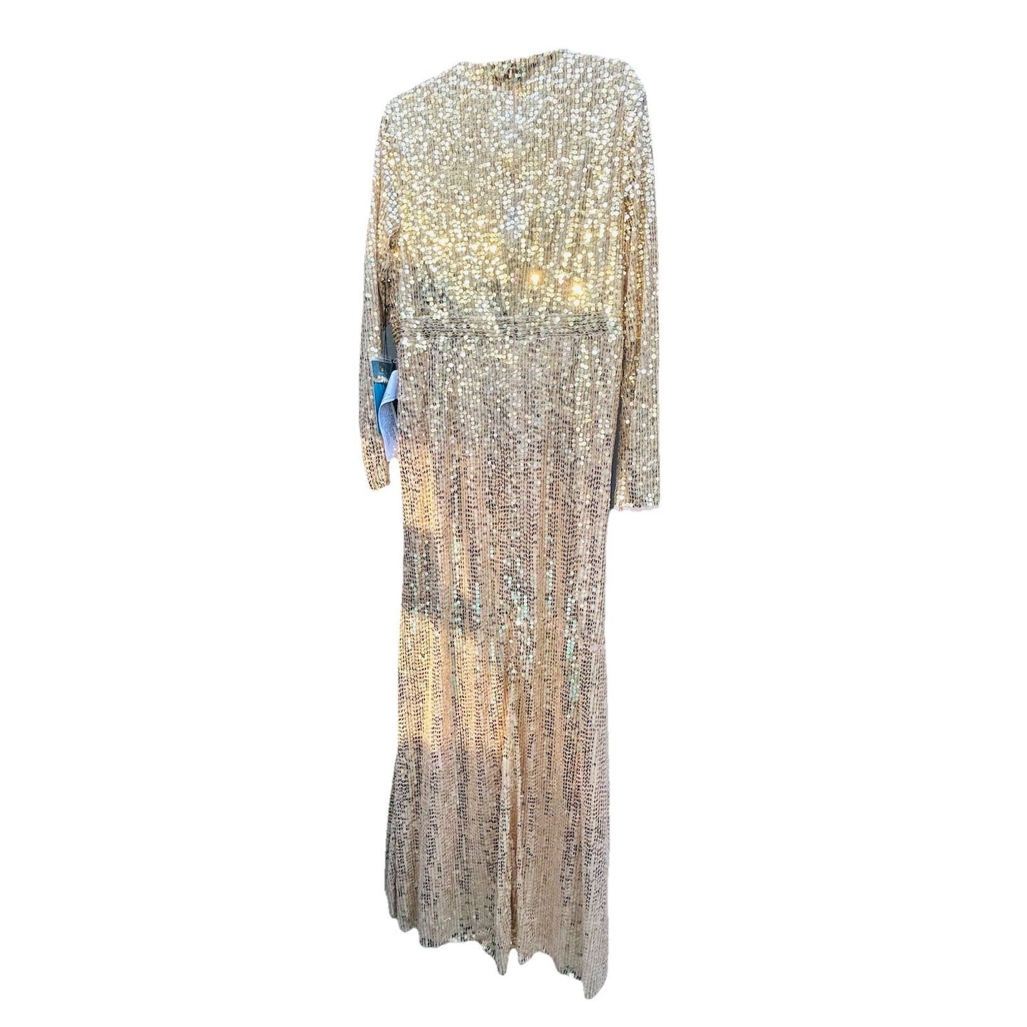 Mac Duggal Gold Gown Size 14 Sequined High Neck Long Sleeve Draped Dress 10824