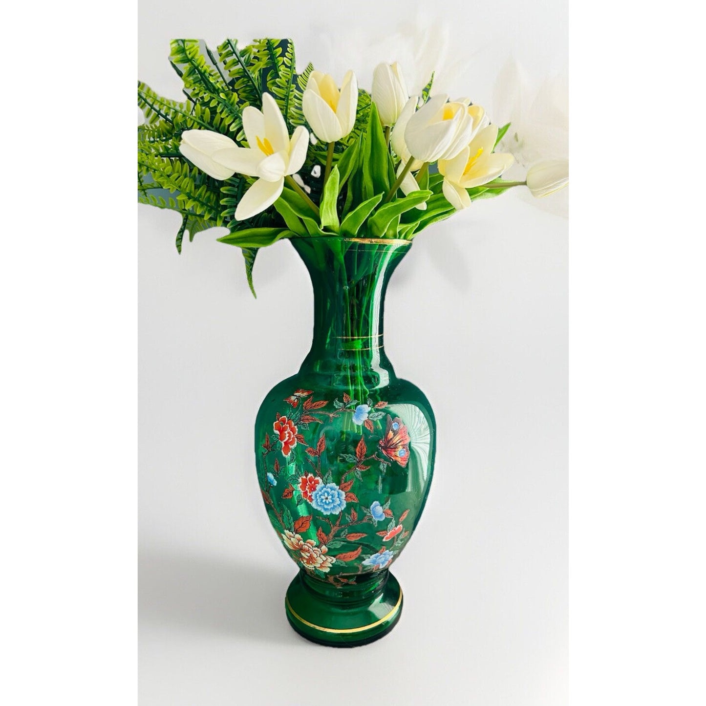 Norleans Large Green Glass Vase 16 " Gold Gilted Vintage Flowers Floral Design