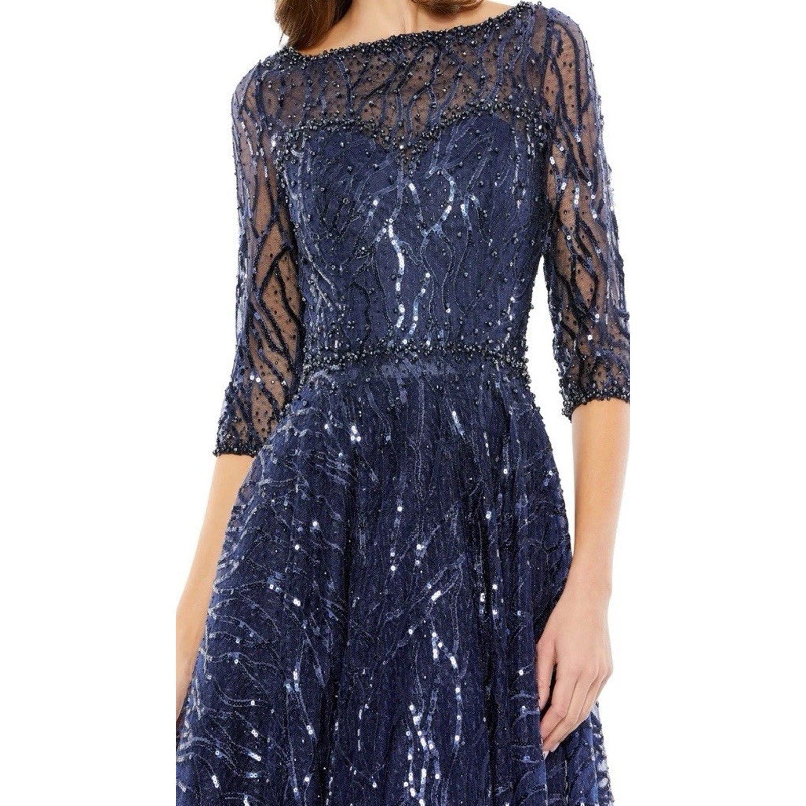 MAC DUGGAL Size 20 Navy Embellished High Neck Sleeve Cocktail Dress Pl – Birdies Boutiques
