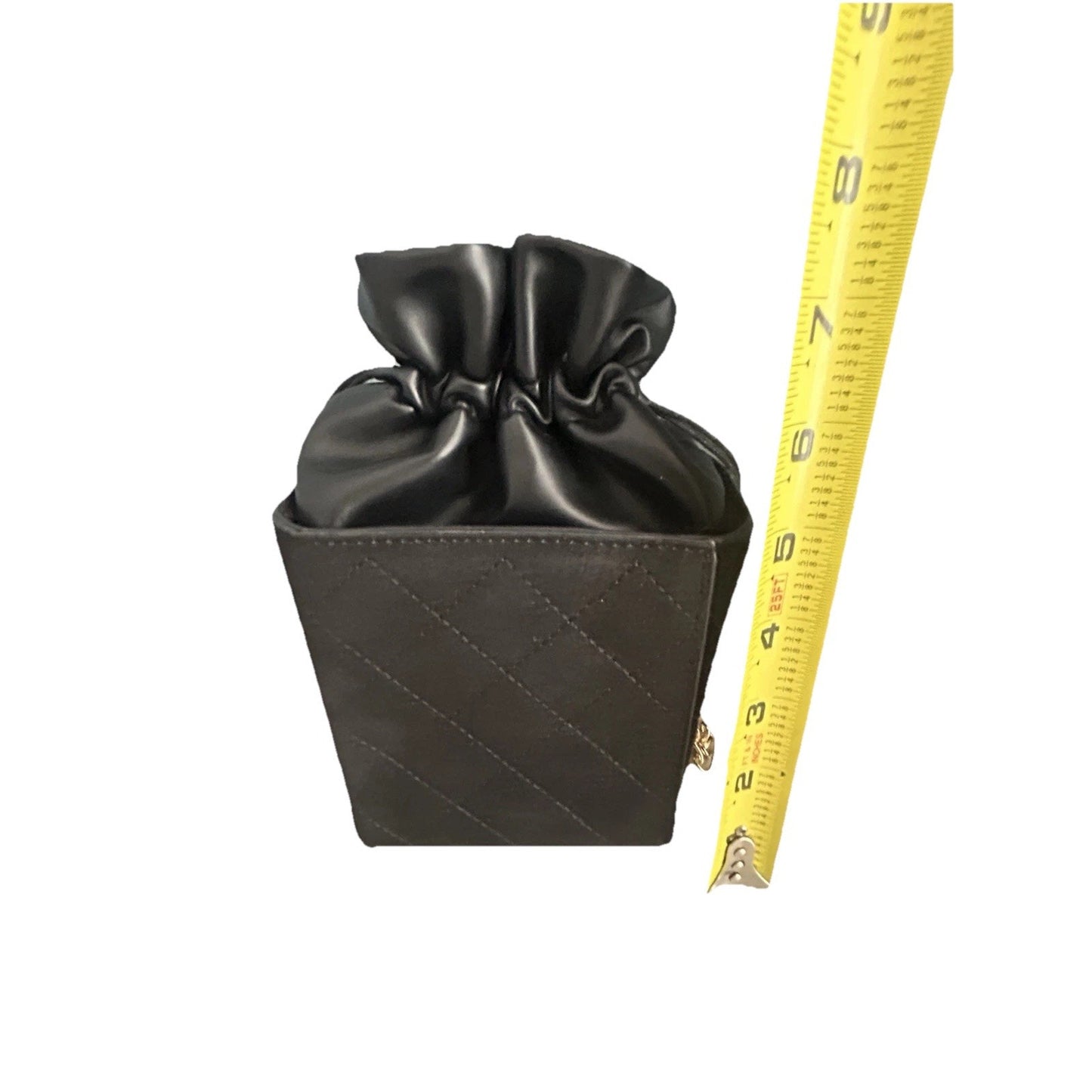 Quilted Mini Drawstring Shoulder Bag Black Pouch Gold Chain Crossbody