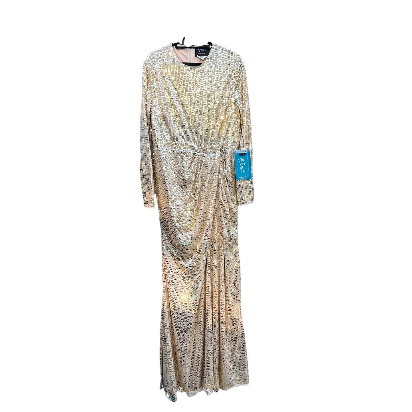 Mac Duggal Gold Gown Size 14 Sequined High Neck Long Sleeve Draped Dress 10824