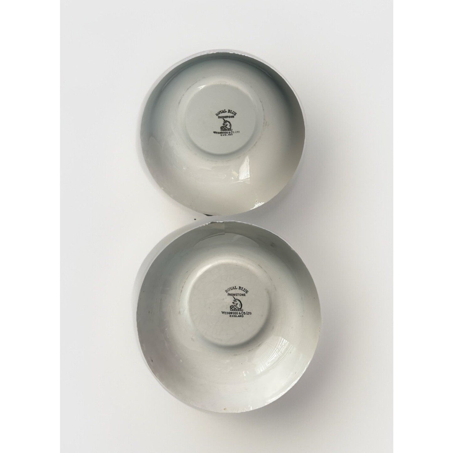 (2) 9" Royal Blue Ironstone Serving Bowls Wedgwood & Co England White Vintage