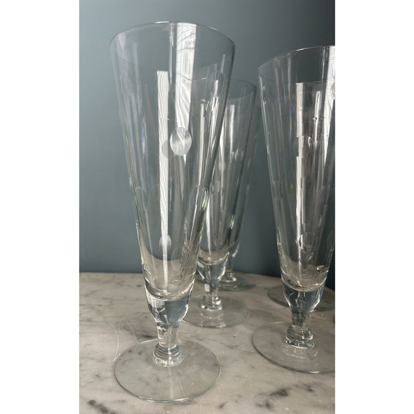 6 Hazel Arts Vintage Etched Polka Dot Champagne Glasses Pilsner Glass Coin