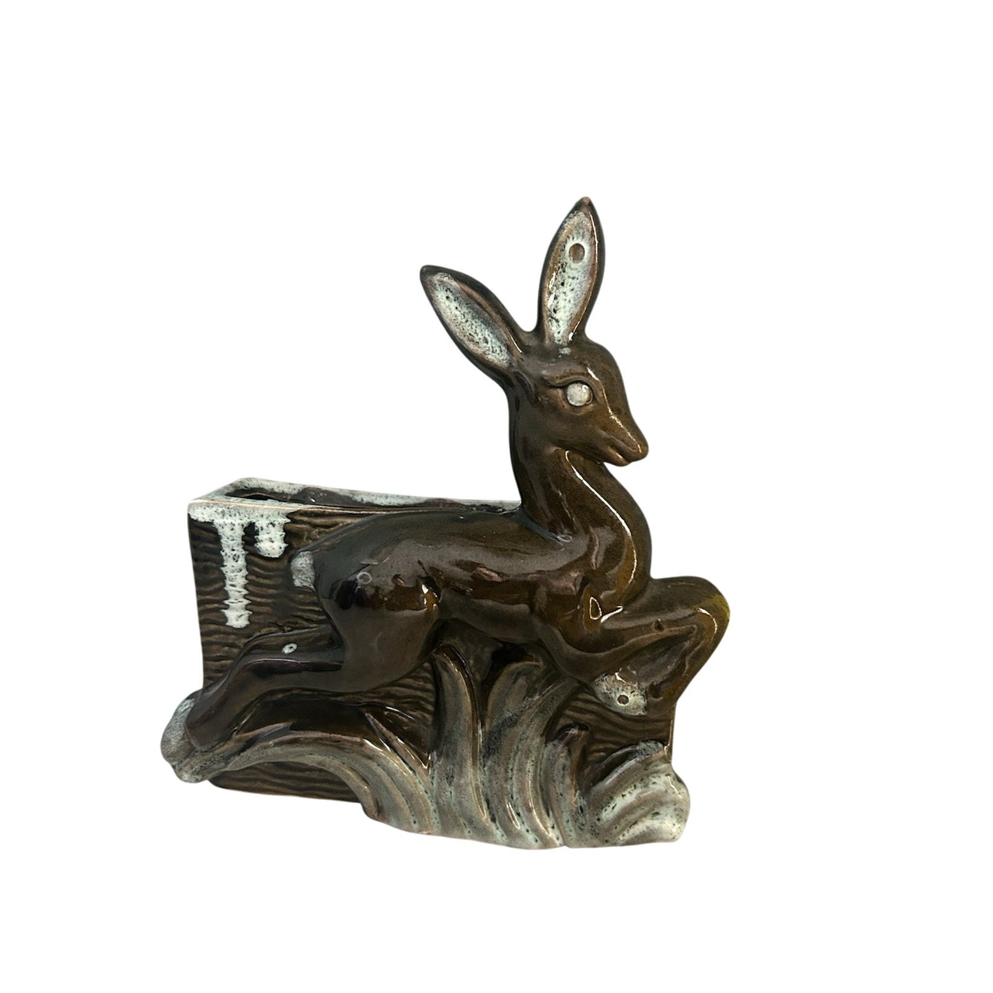 Vintage Art Deco Pottery Deer Planter 1950's OPCO USA Green Blue Brown Bambi