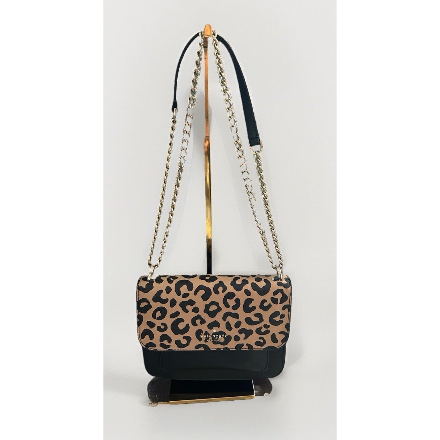 Kate Spade Leopard Print Leather Remi Flap Chain Crossbody Shoulder Bag Black