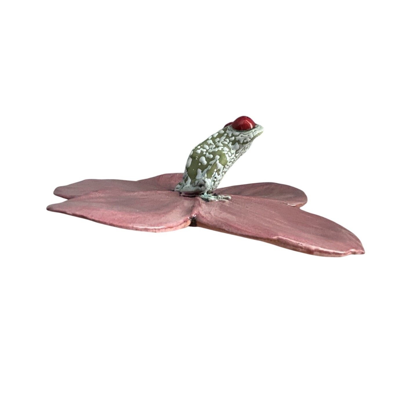 Frog Pink Flower Hanging Wall Decor Lid Hand Made Pottery Leaf Tree Frog Red Eye