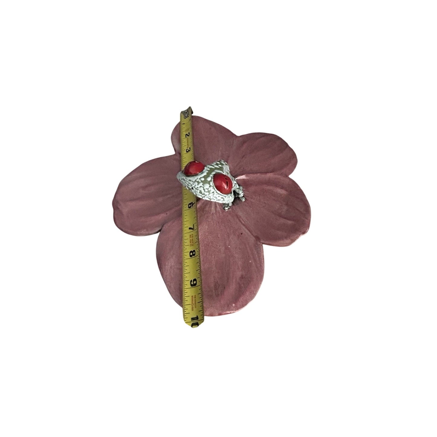Frog Pink Flower Hanging Wall Decor Lid Hand Made Pottery Leaf Tree Frog Red Eye