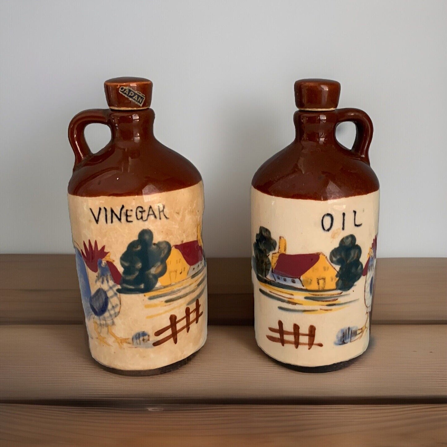 Vintage Relco Blue Rooster Oil Vinegar Cruet Brown Jug Country Kitchen Japan