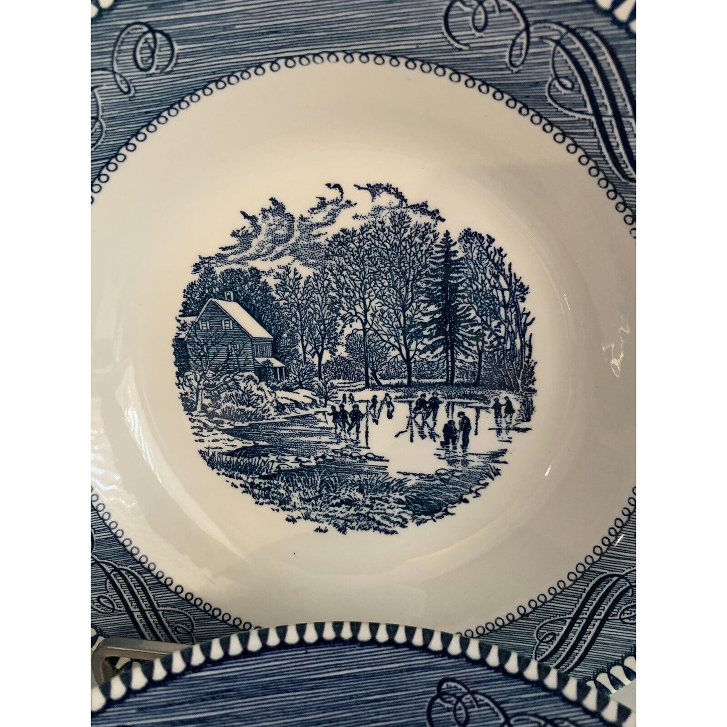 4 Royal Currier & Ives “Early Winter” Royal 8 1/2” Soup Bowl Blue White Vintage