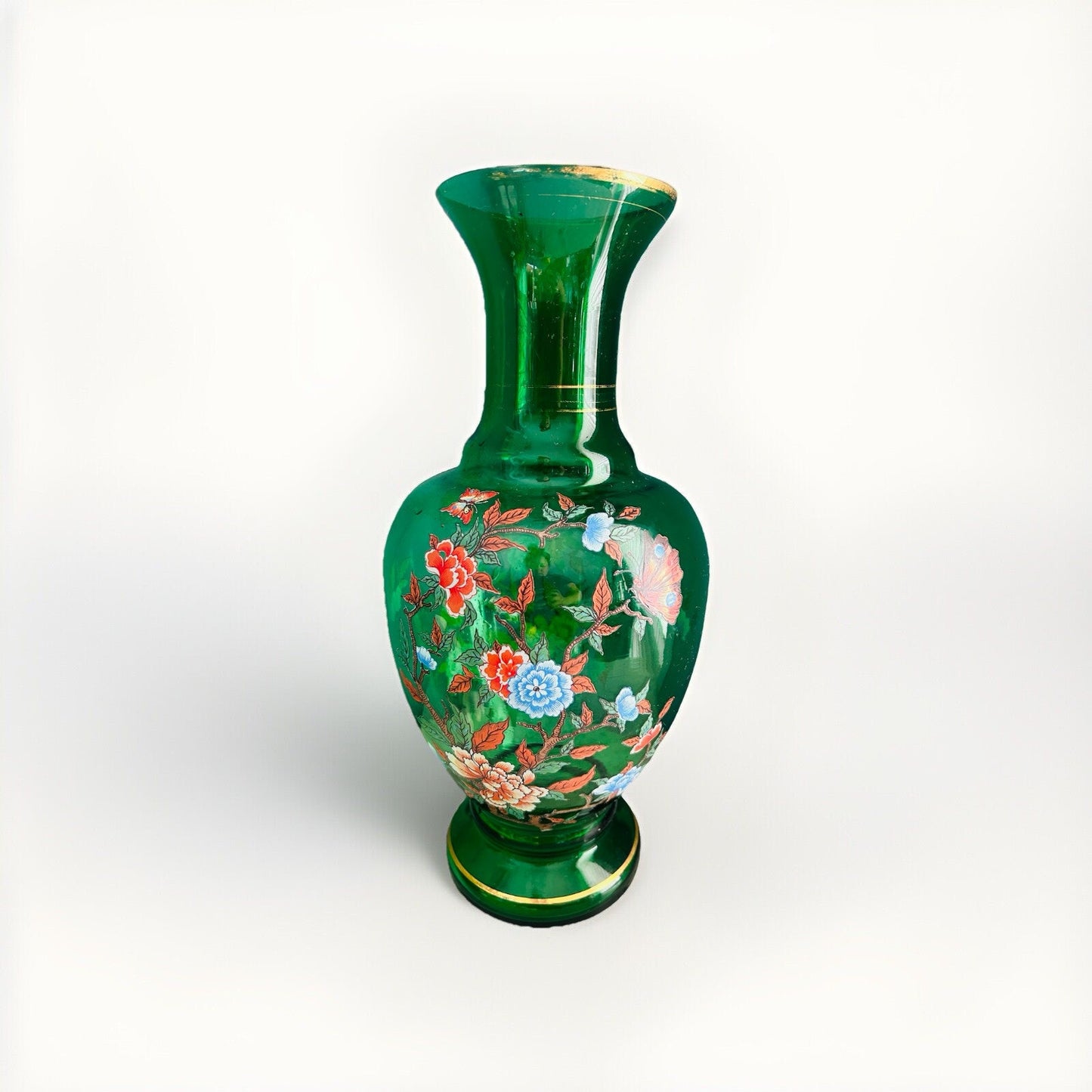 Norleans Large Green Glass Vase 16 " Gold Gilted Vintage Flowers Floral Design