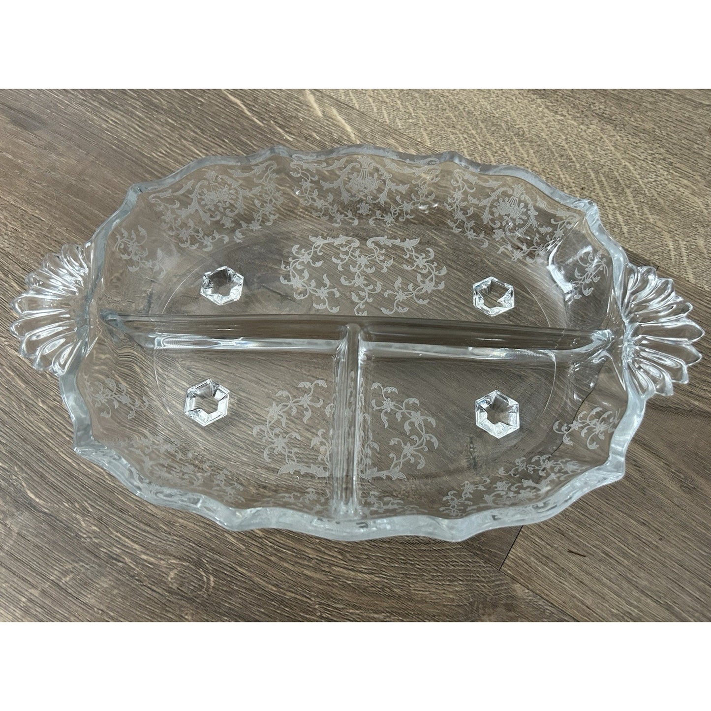 Fostoria Meadow Rose 3 Part Glass Footed Relish Dish Etched Crystal Vintage