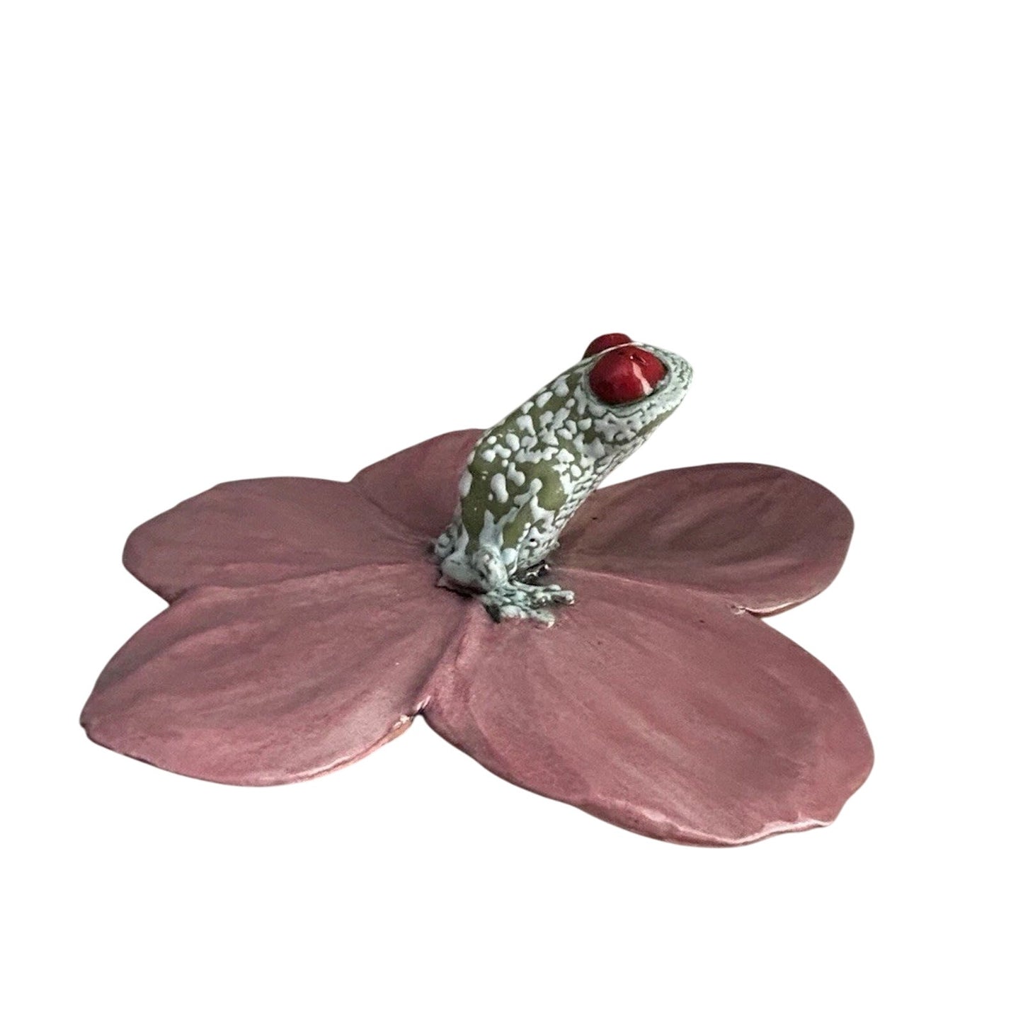 Frog Pink Flower Hanging Wall Decor Lid Hand Made Pottery Leaf Tree Frog Red Eye