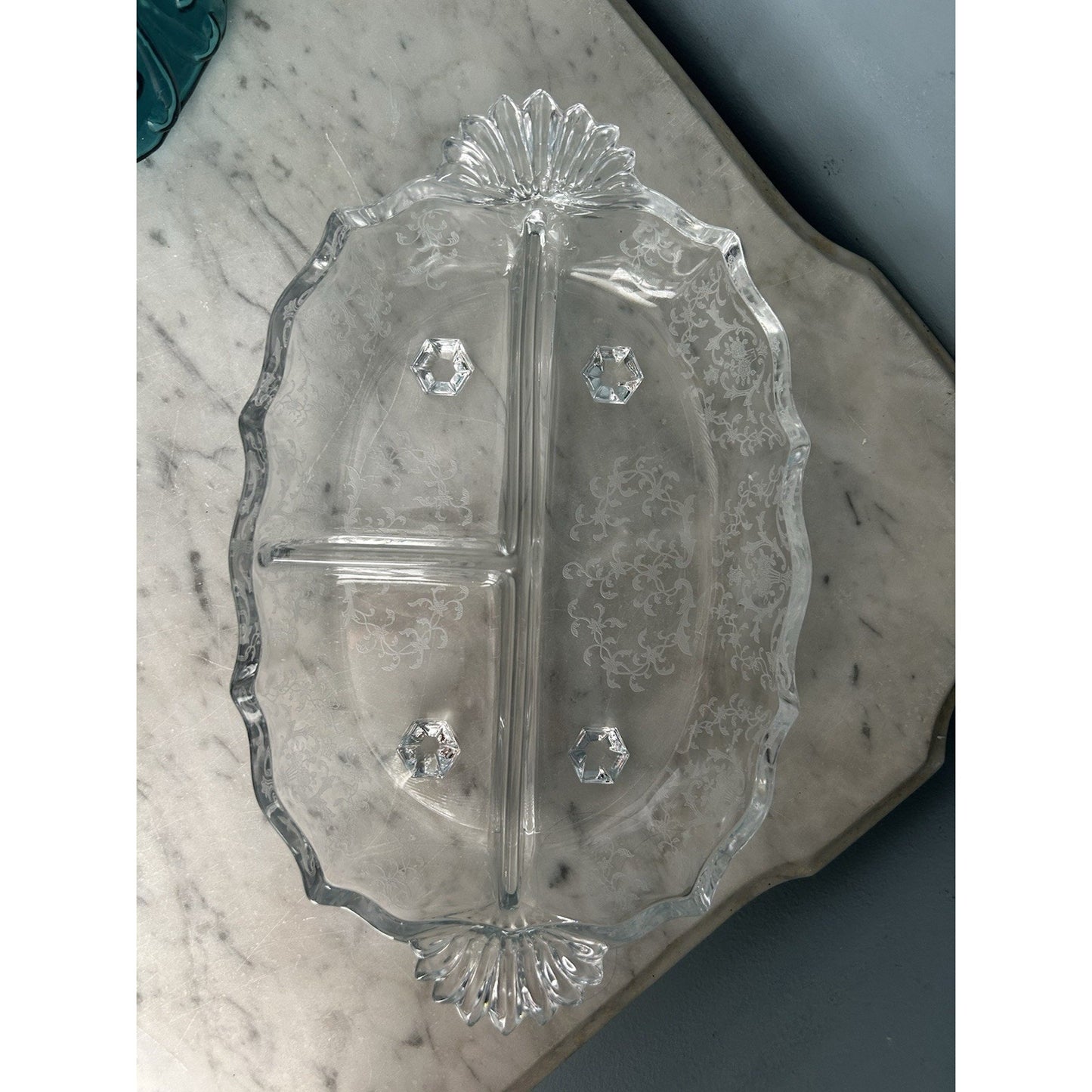Fostoria Meadow Rose 3 Part Glass Footed Relish Dish Etched Crystal Vintage