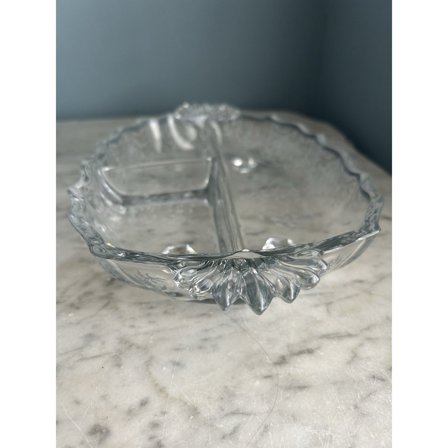 Fostoria Meadow Rose 3 Part Glass Footed Relish Dish Etched Crystal Vintage