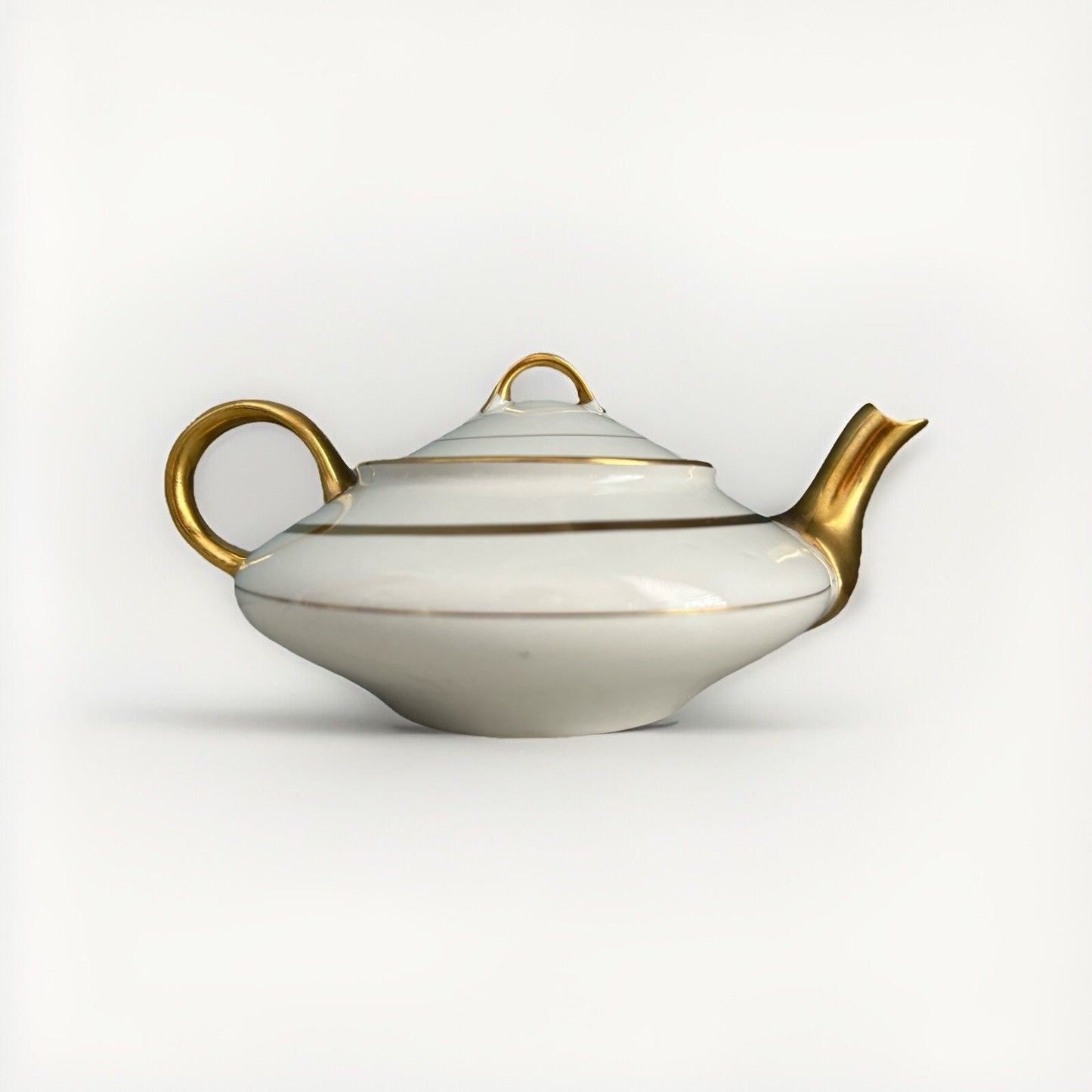 Vintage Pope-Gosser Teapot 1929 White Sepia Gold Trim Fine China F24 Rare Short