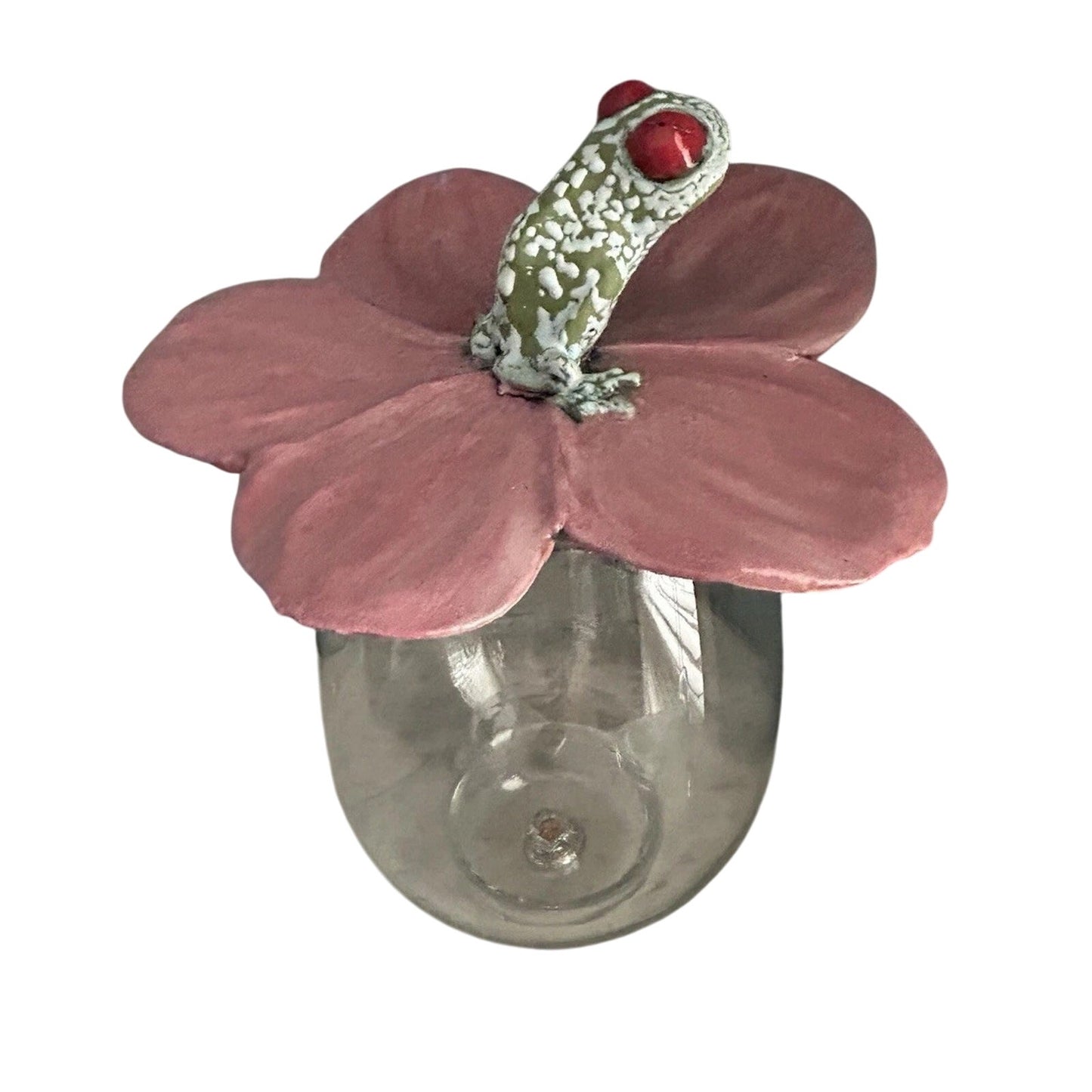 Frog Pink Flower Hanging Wall Decor Lid Hand Made Pottery Leaf Tree Frog Red Eye