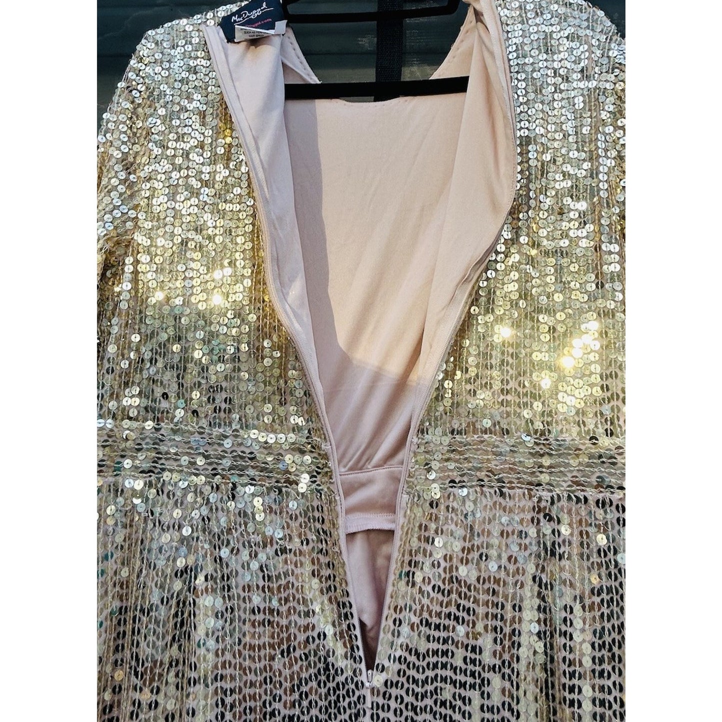 Mac Duggal Gold Gown Size 14 Sequined High Neck Long Sleeve Draped Dress 10824