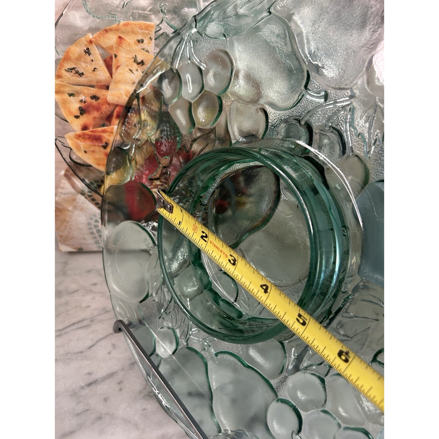 Indiana Glass Chip Dip Tray Madeira Green Raised Fruit Pattern 13” Platter Box