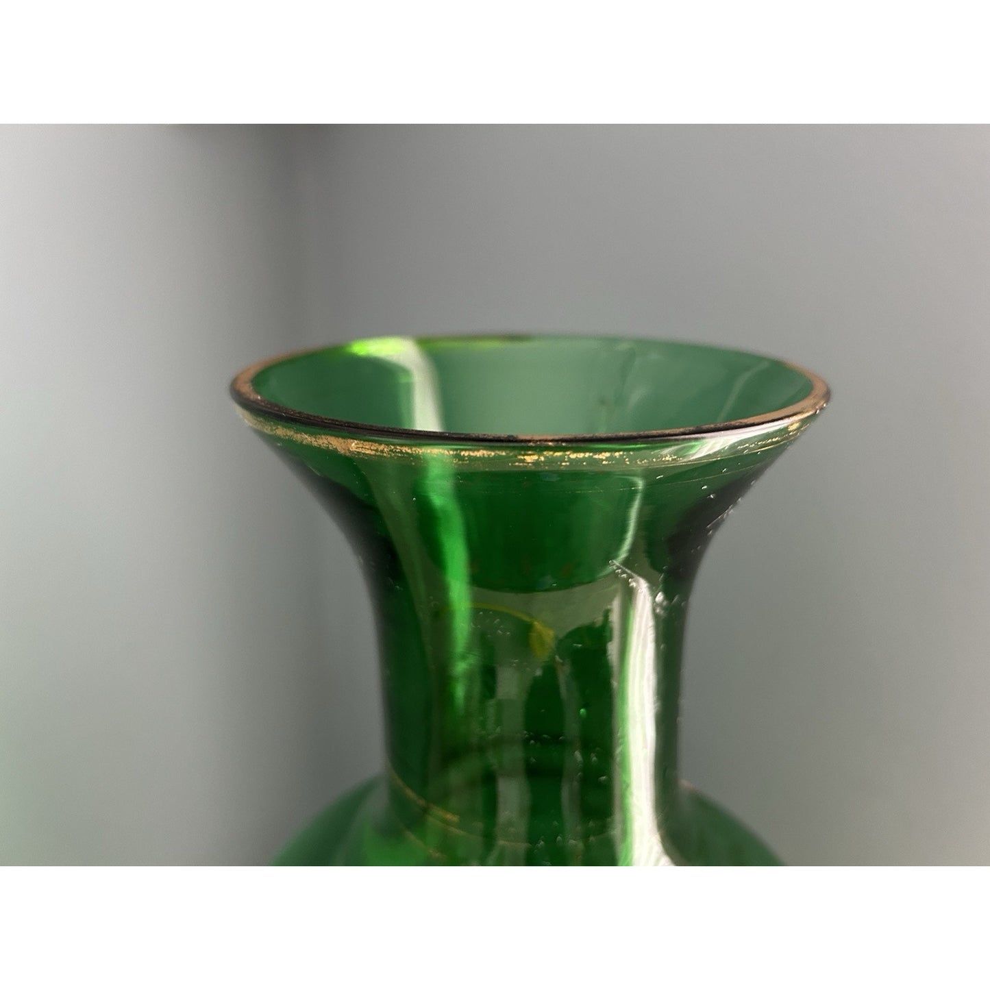 Norleans Large Green Glass Vase 16 " Gold Gilted Vintage Flowers Floral Design