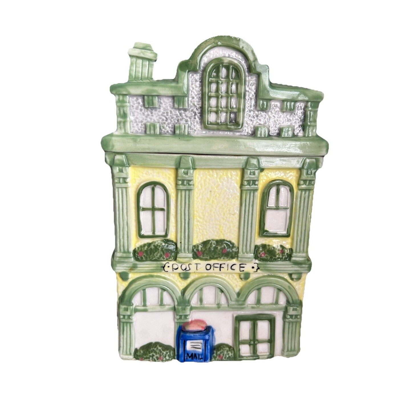 Post Office Ceramic Cookie Jar Vintage Collectible Canister Town Building USPS