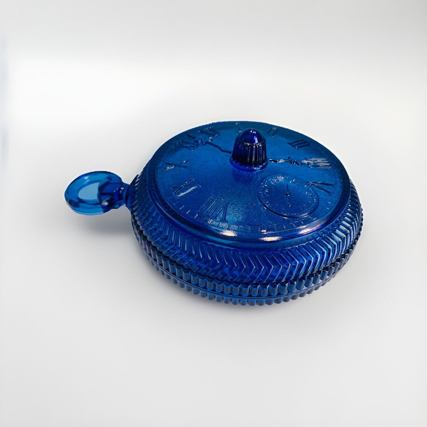 Imperial Glass Cobalt Blue Pocket Watch Lidded Candy Dish Nautical Decor Clock
