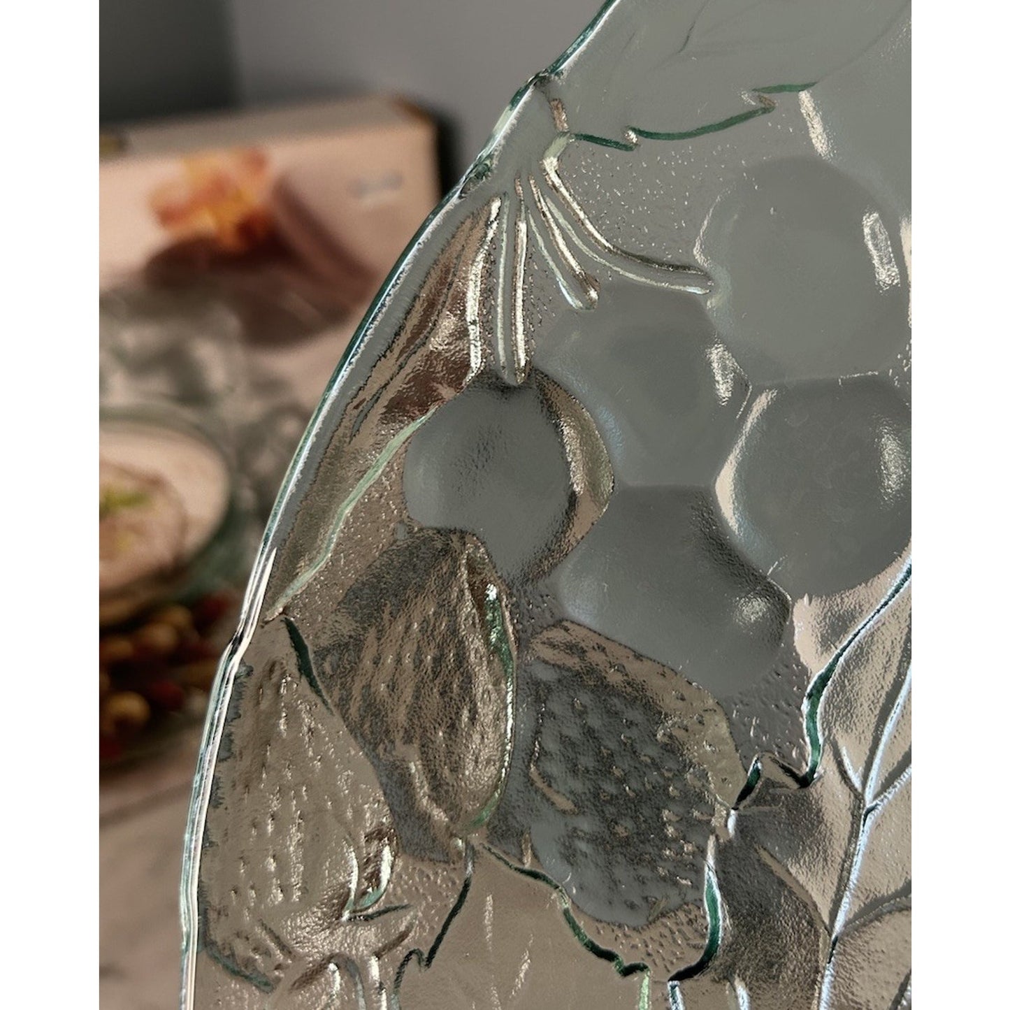 Indiana Glass Chip Dip Tray Madeira Green Raised Fruit Pattern 13” Platter Box