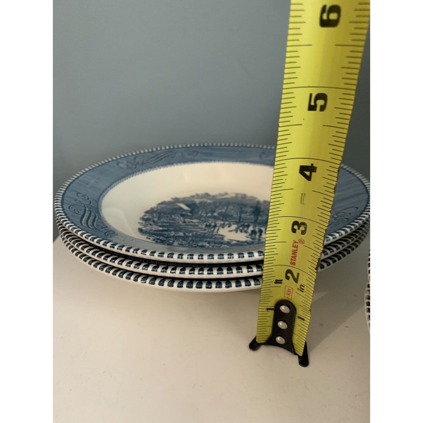 4 Royal Currier & Ives “Early Winter” Royal 8 1/2” Soup Bowl Blue White Vintage