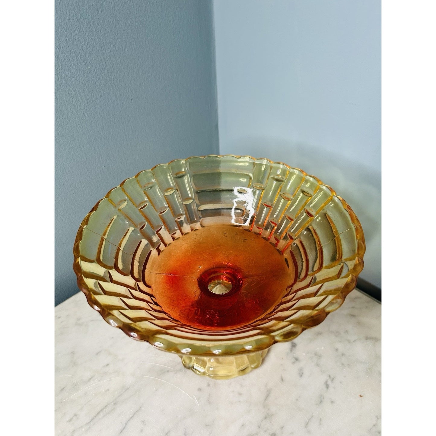 Glows Jeannette Glass Amberina Louisa Pedestal Footed Bowl Compote Ombre 1950s