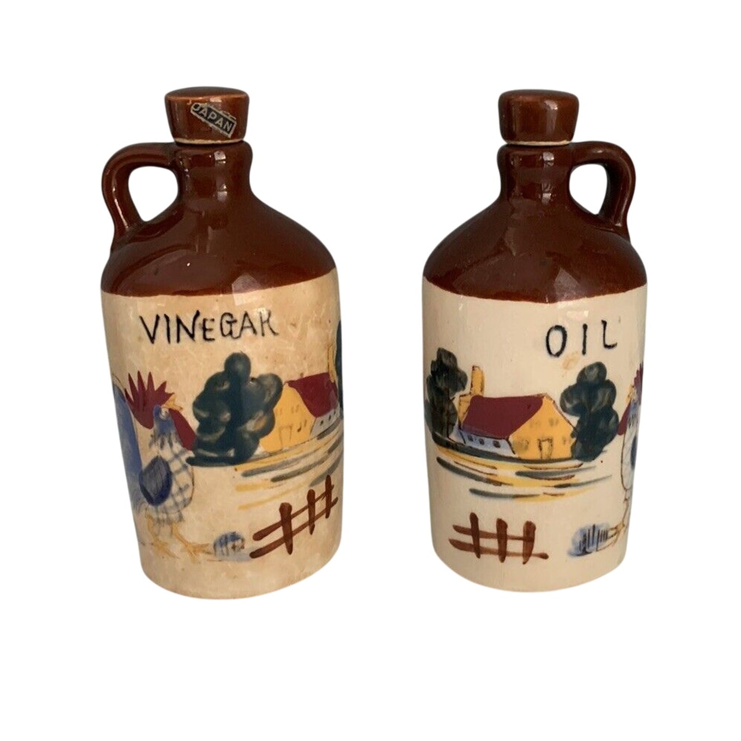 Vintage Relco Blue Rooster Oil Vinegar Cruet Brown Jug Country Kitchen Japan