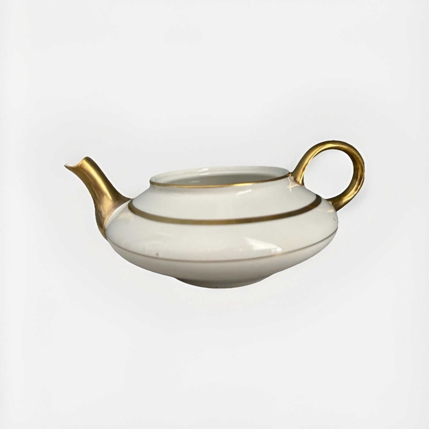 Vintage Pope-Gosser Teapot 1929 White Sepia Gold Trim Fine China F24 Rare Short