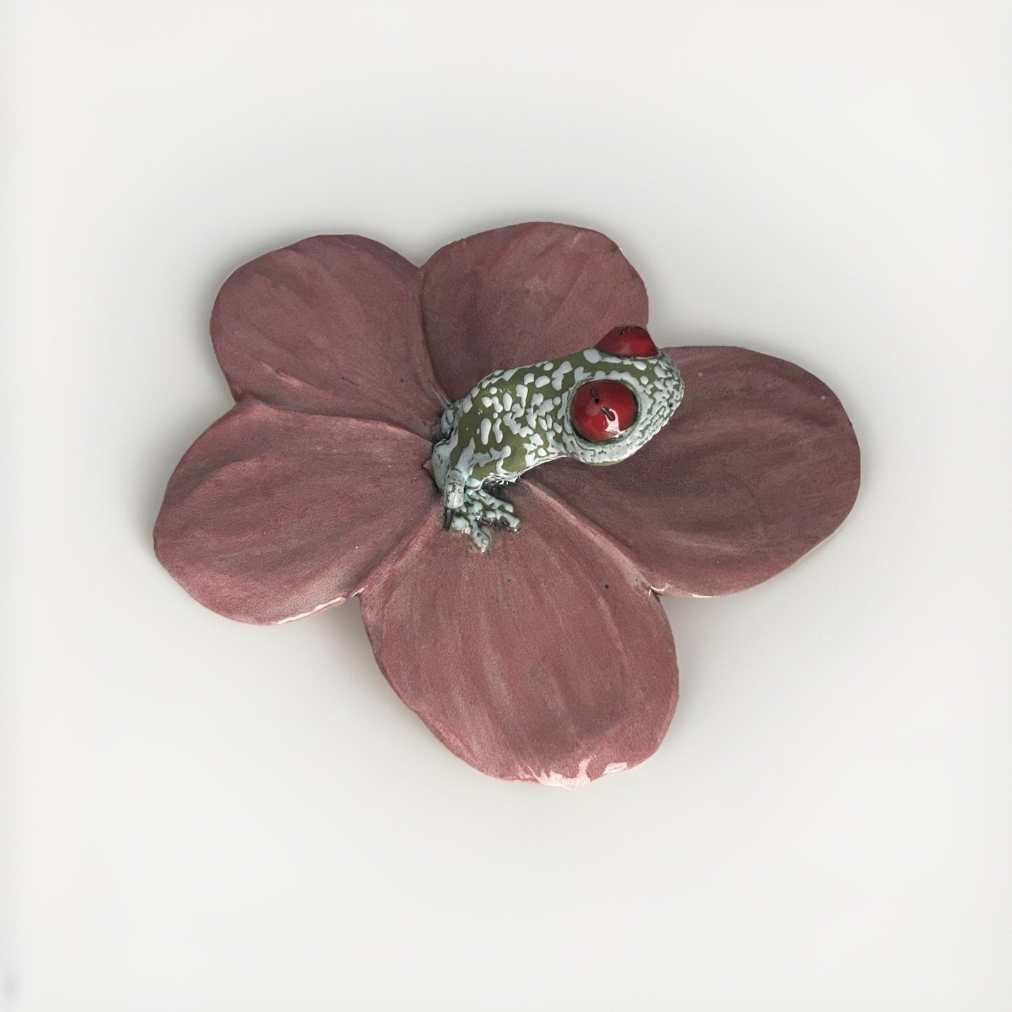 Frog Pink Flower Hanging Wall Decor Lid Hand Made Pottery Leaf Tree Frog Red Eye
