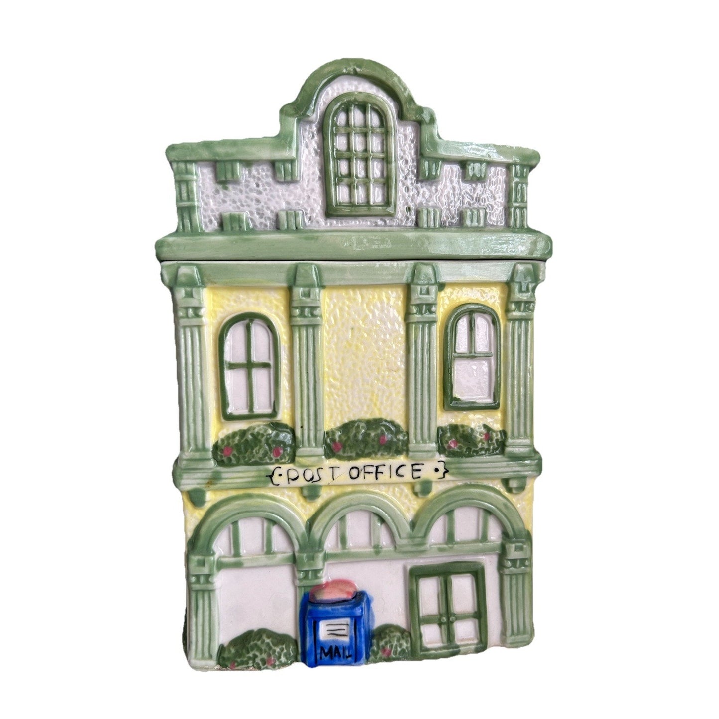 Post Office Ceramic Cookie Jar Vintage Collectible Canister Town Building USPS