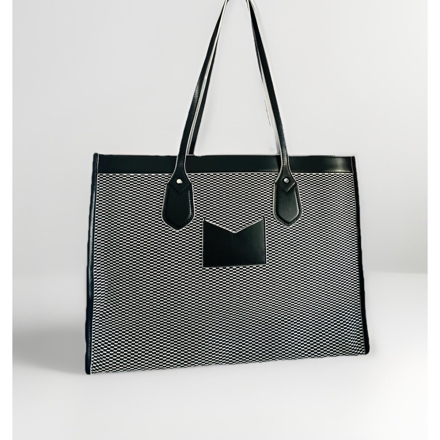 Michael Kors Bay Large Tote East West Woven Canvas Shoulder Black White Bag