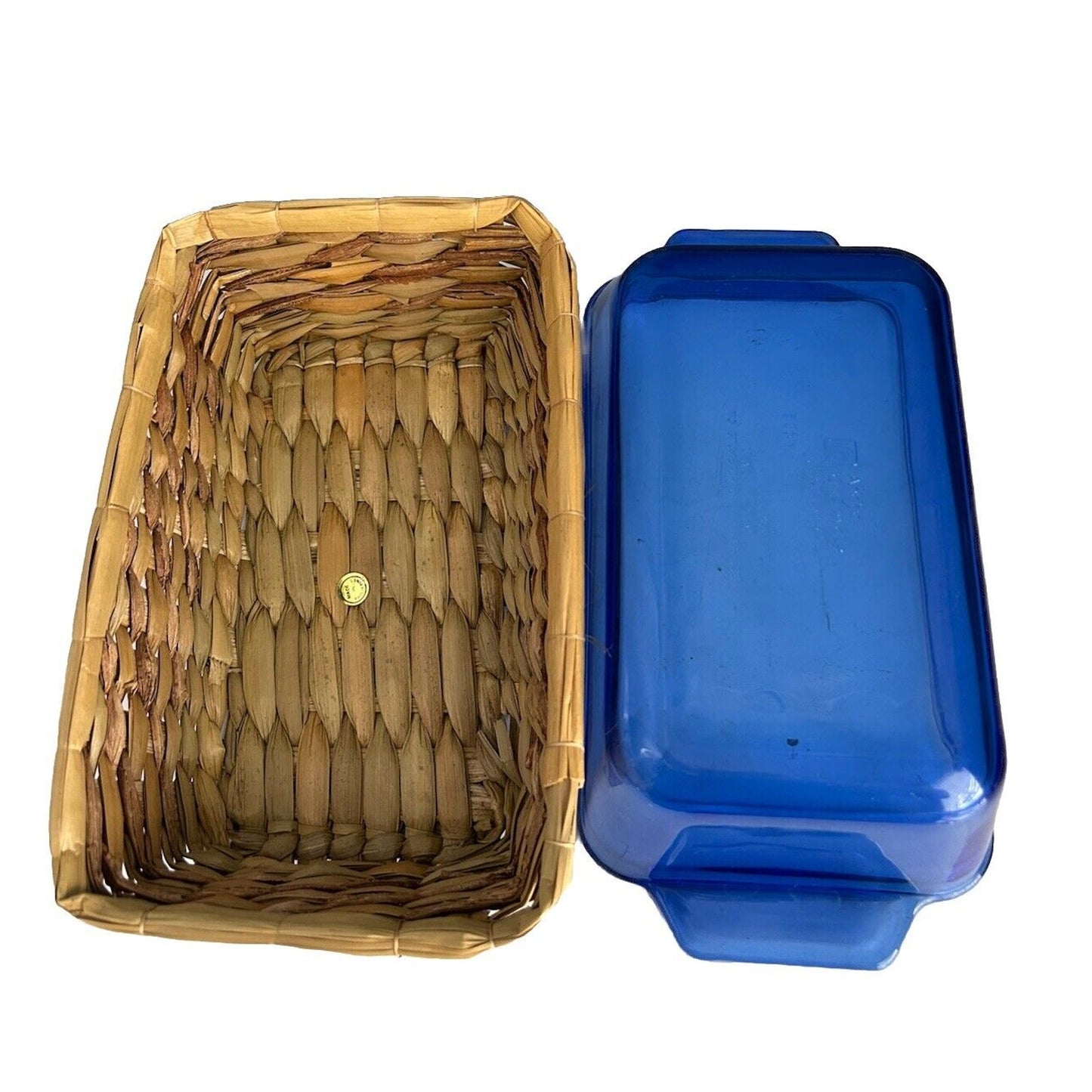Cobalt Blue Anchor Hocking Loaf Dish 1.5 Qt Baking Pan w/ Woven Serving Basket