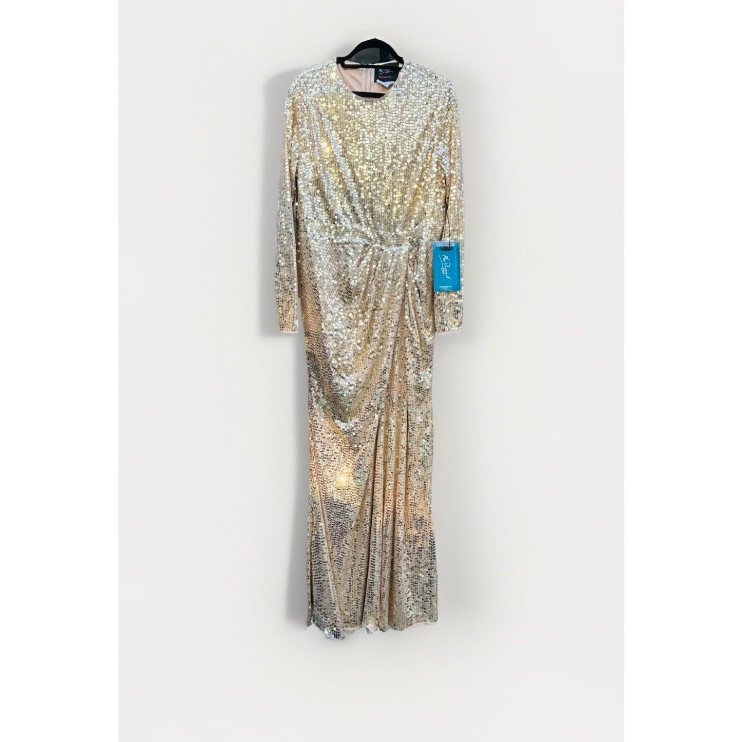 Mac Duggal Gold Gown Size 14 Sequined High Neck Long Sleeve Draped Dress 10824