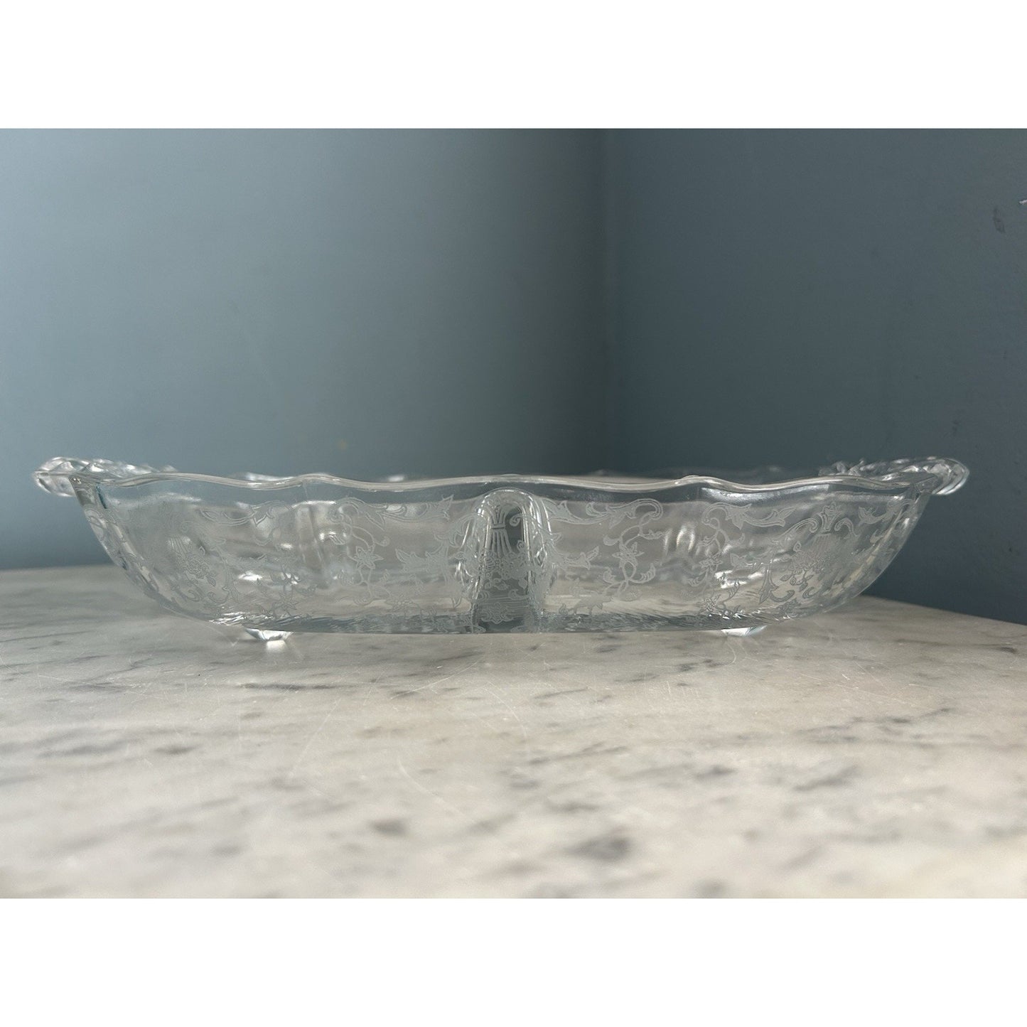 Fostoria Meadow Rose 3 Part Glass Footed Relish Dish Etched Crystal Vintage