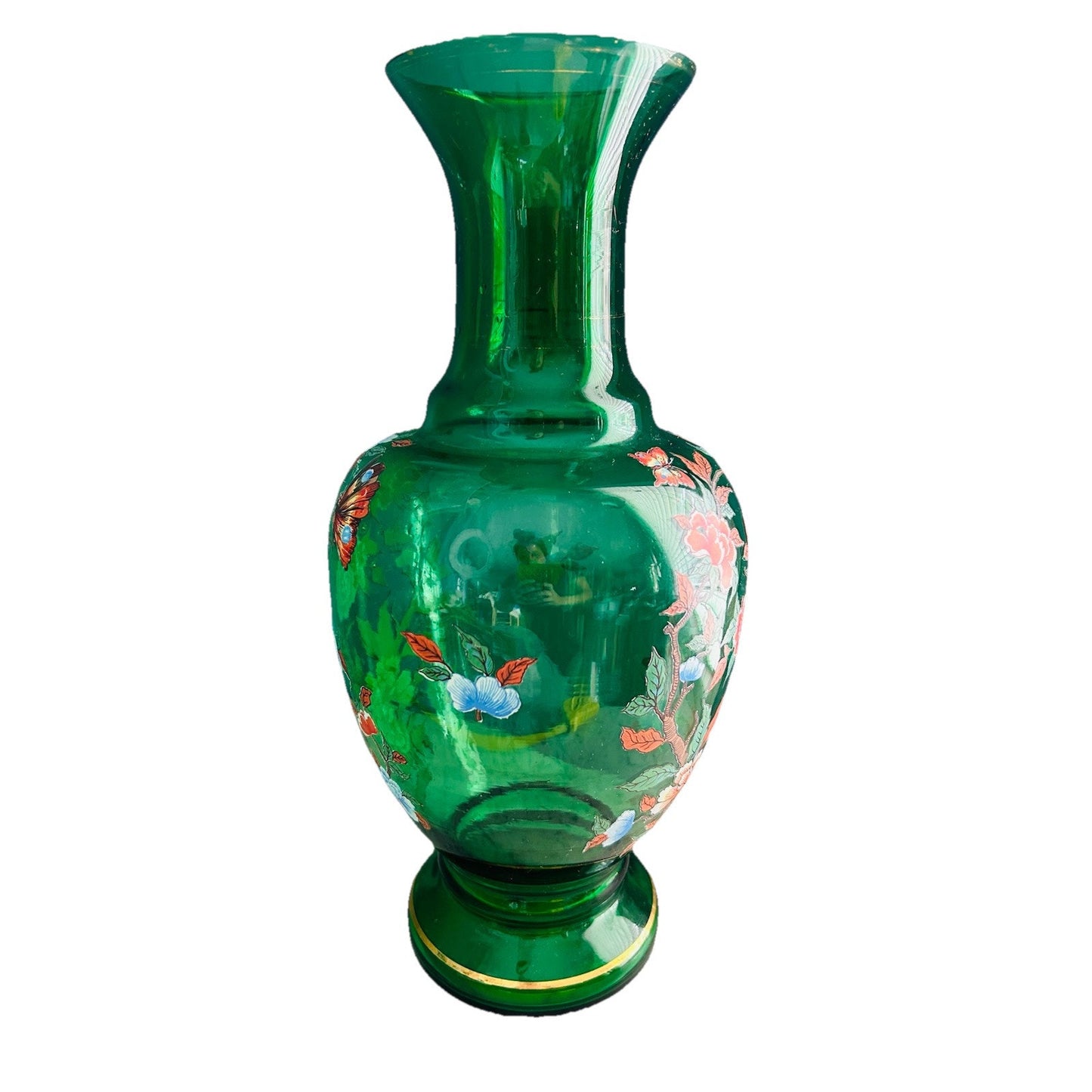 Norleans Large Green Glass Vase 16 " Gold Gilted Vintage Flowers Floral Design