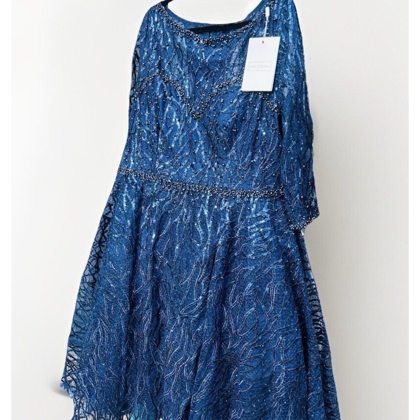 MAC DUGGAL Size 20 Navy Embellished High Neck Sleeve Cocktail Dress Plus A20252