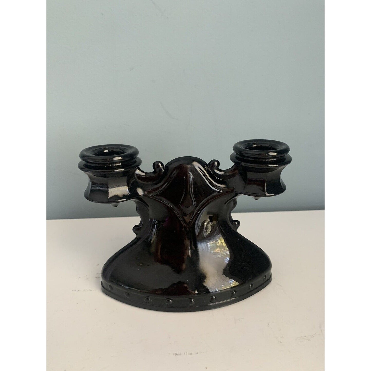 L.E. Smith Vintage Pleasant Black Glass Candlestick Holder Halloween Renaissance