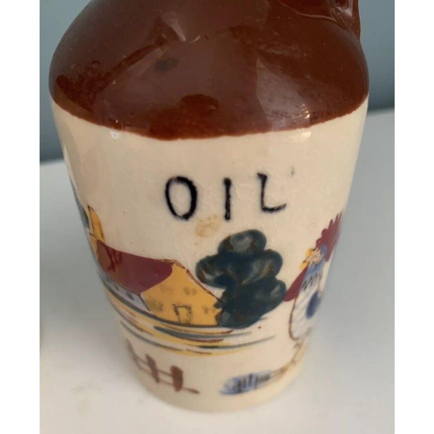 Vintage Relco Blue Rooster Oil Vinegar Cruet Brown Jug Country Kitchen Japan