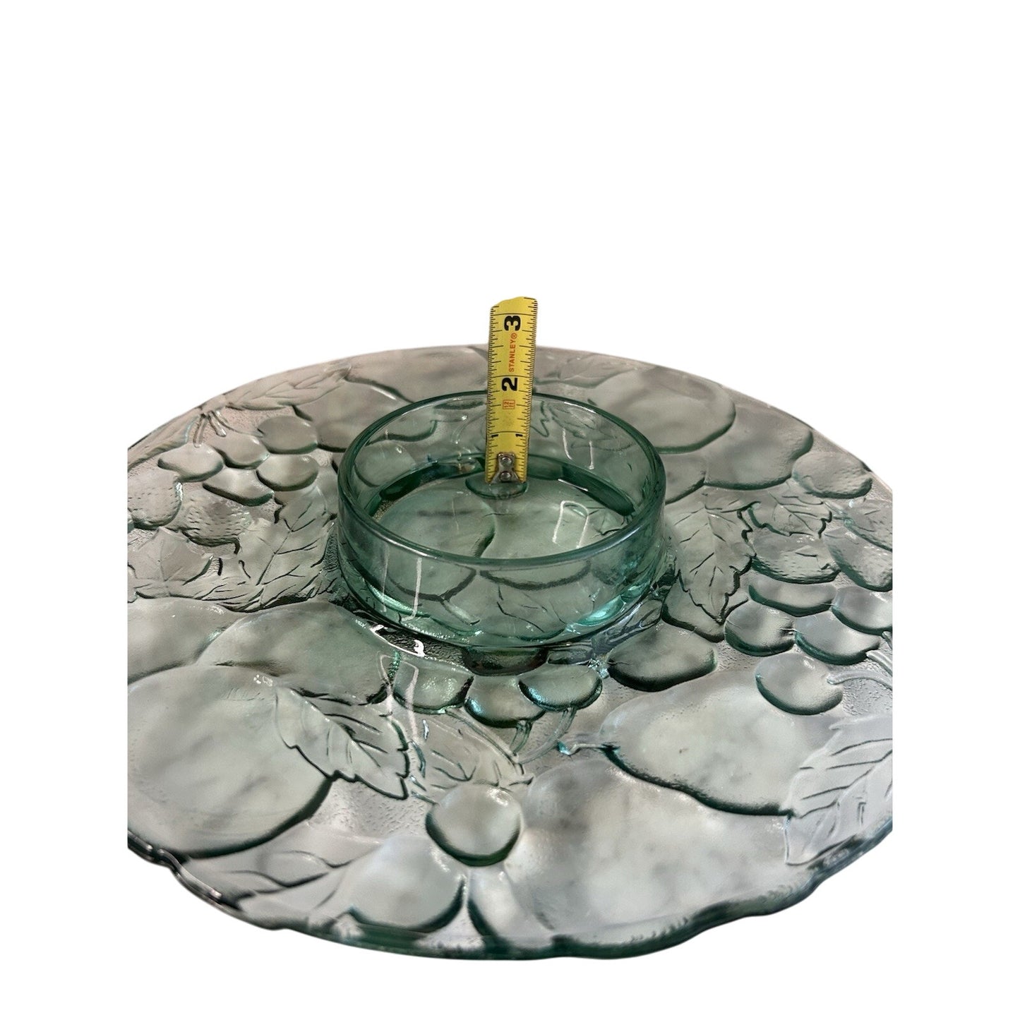 Indiana Glass Chip Dip Tray Madeira Green Raised Fruit Pattern 13” Platter Box