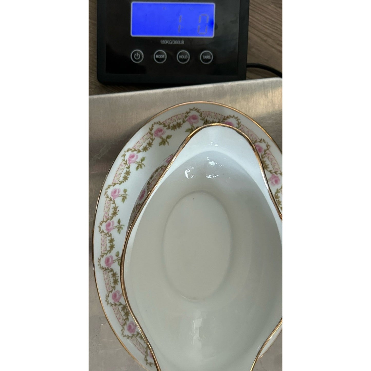 Antique Limoges Wm Guerin & Co. GUE19 Pink Roses Gravy Boat attached Underplate