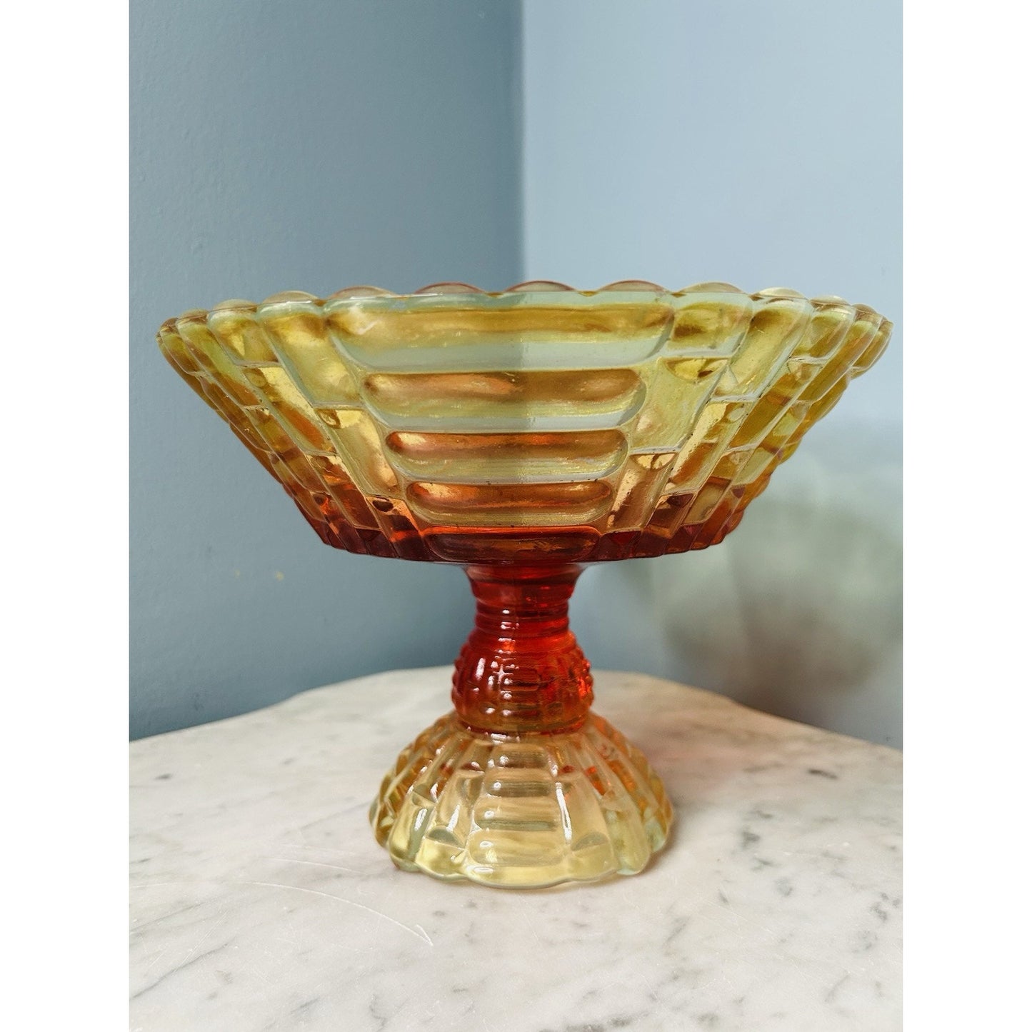 Glows Jeannette Glass Amberina Louisa Pedestal Footed Bowl Compote Ombre 1950s