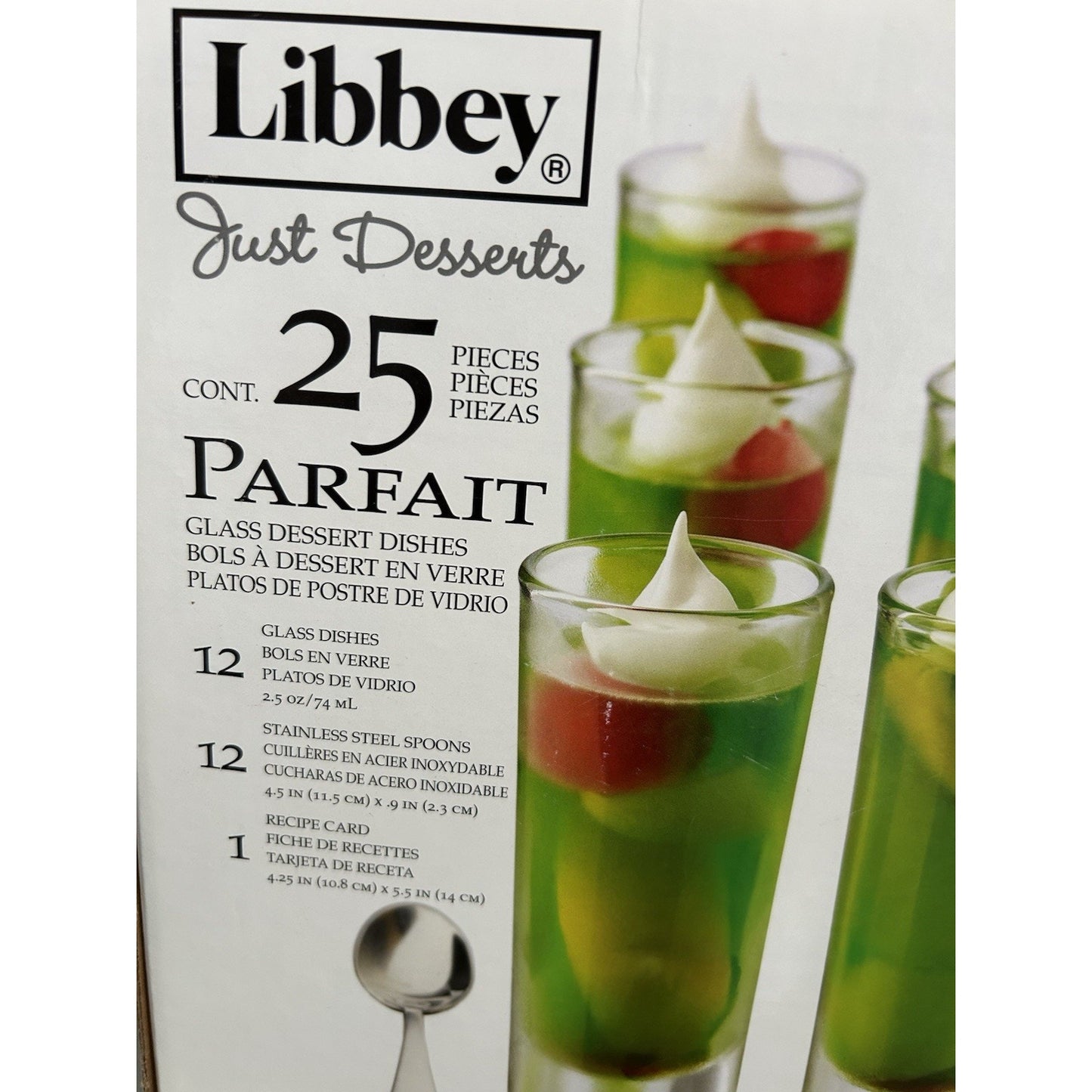 New Libbey Just Desserts Parfait Glass Dishes Spoons 25 Pieces Recipe Card NIB