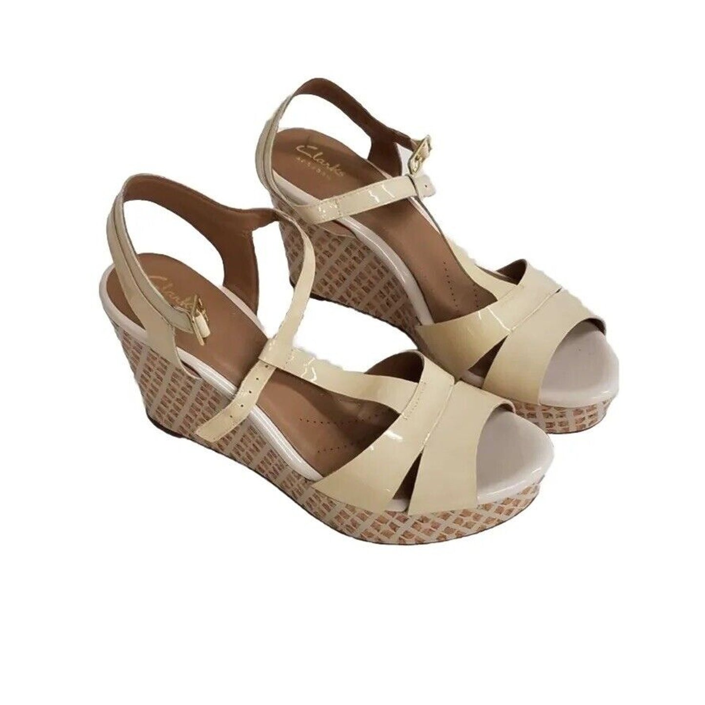 Clarks Artisan Women’s Size 9.5 Wedge Amelia Roma Sandals Shoes Beige Tan Ivory